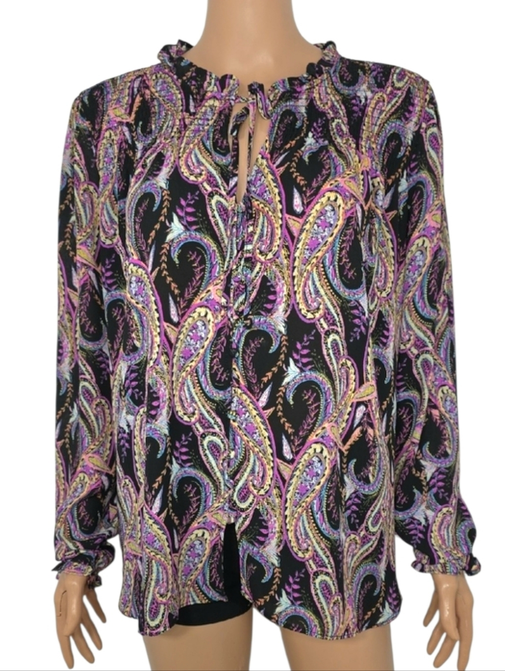 Rose + Olive Womens Top Paisley Long Sleeve  Button front Multicolor ‎ Size XL